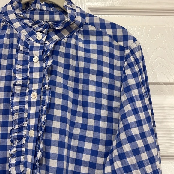 J. Crew Blue and White Gingham Popover Blouse Womens Size 14 - Picture 2 of 9